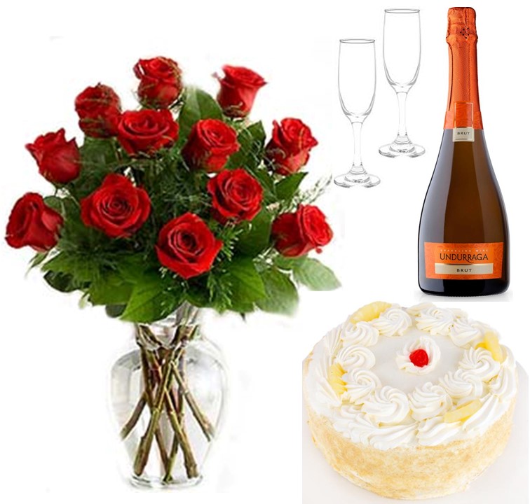 Florero de 12 Rosas, Champagne 750cc, 2 Copas y Torta del Da para 15 Personas